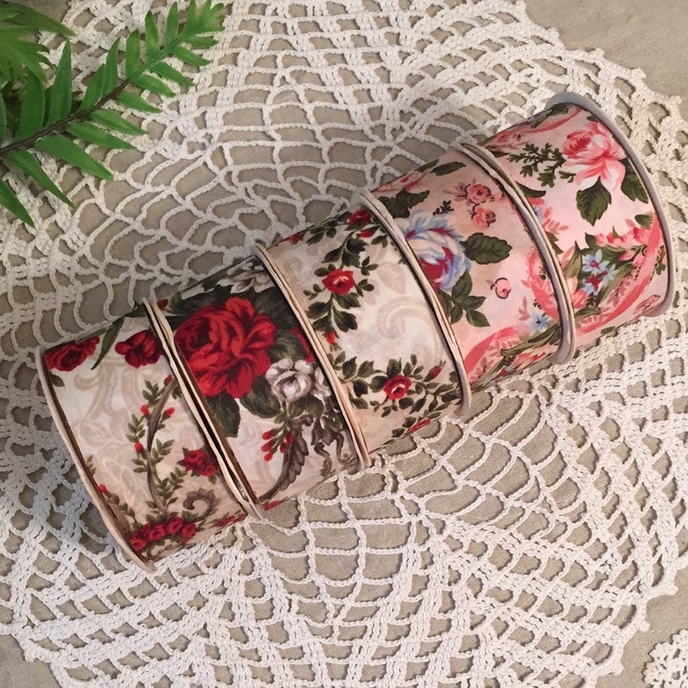 Vintage Floral Rose Fabric Ribbon Five New Spools 90s Garden Room